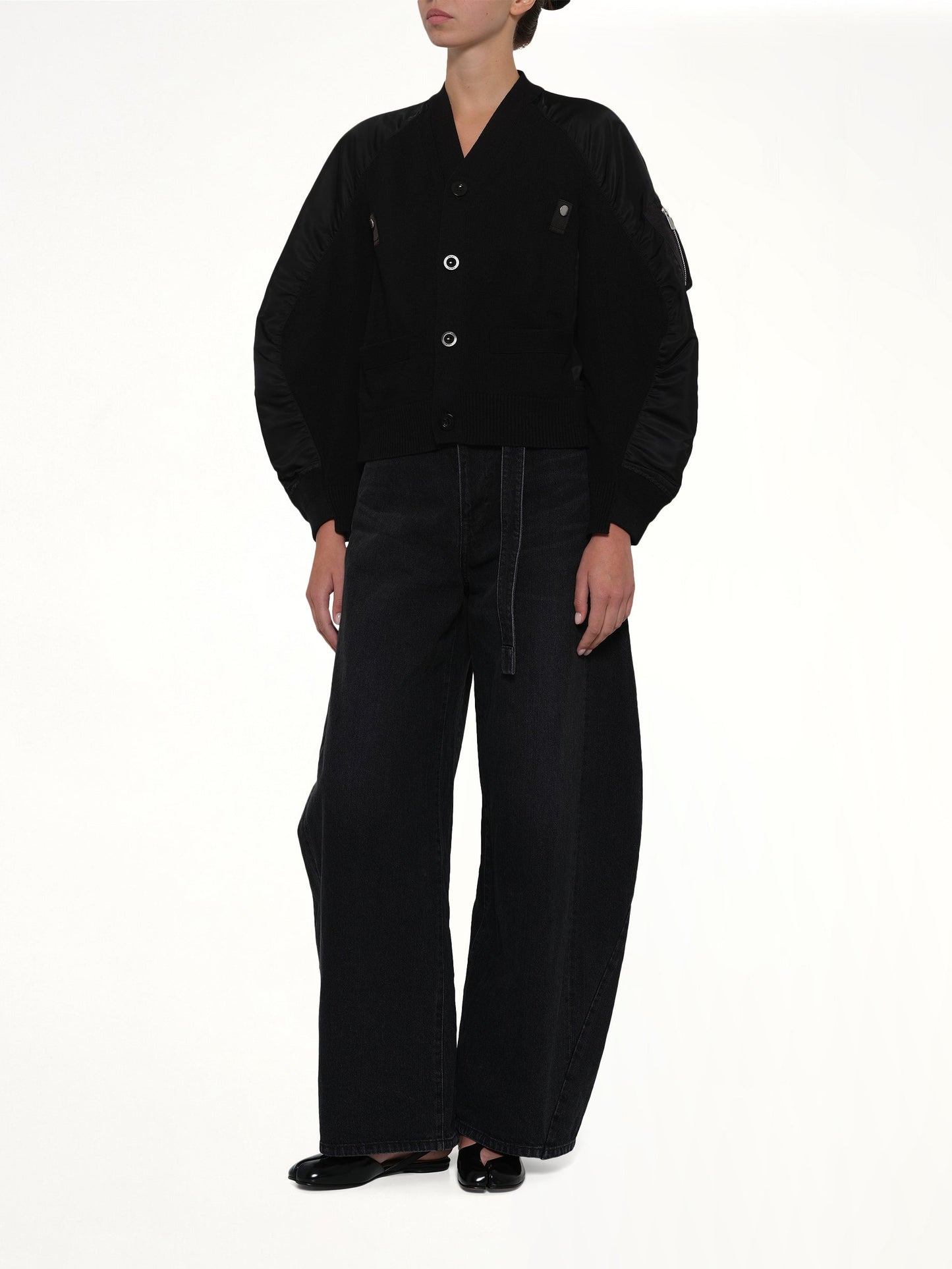 SACAI Nylon Twill x Knit Cardigan (Black)