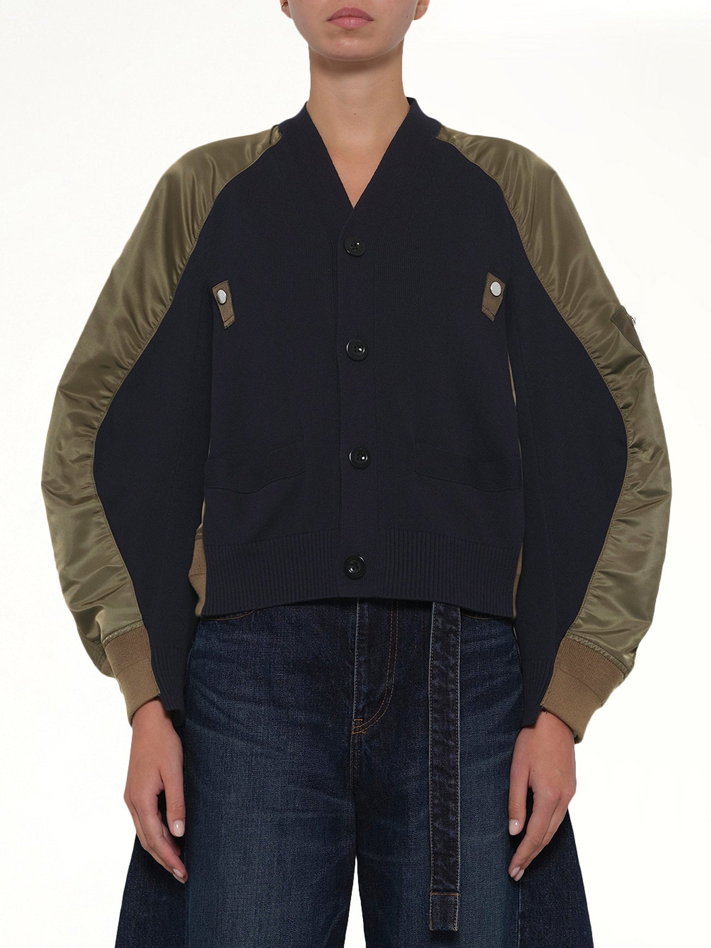 Image of Cardigans. Product name - Nylon Twill x Knit Cardigan in Navy colour by brand - SACAI