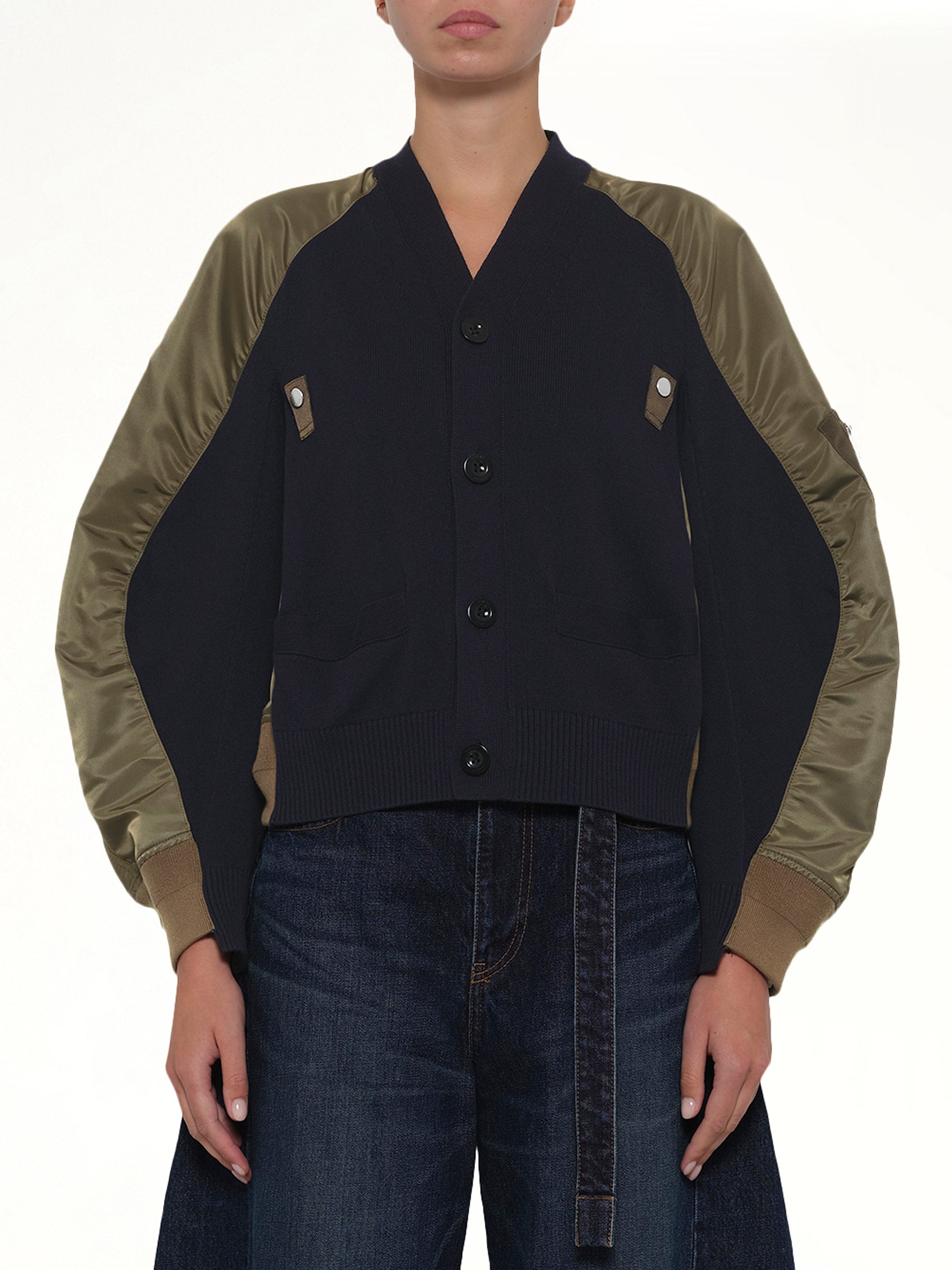 Image of Cardigans. Product name - Nylon Twill x Knit Cardigan in Navy colour by brand - SACAI