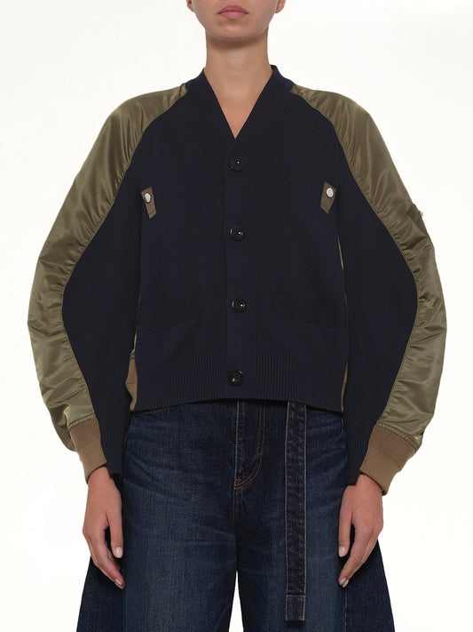 Image of Cardigans. Product name - Nylon Twill x Knit Cardigan in Navy colour by brand - SACAI