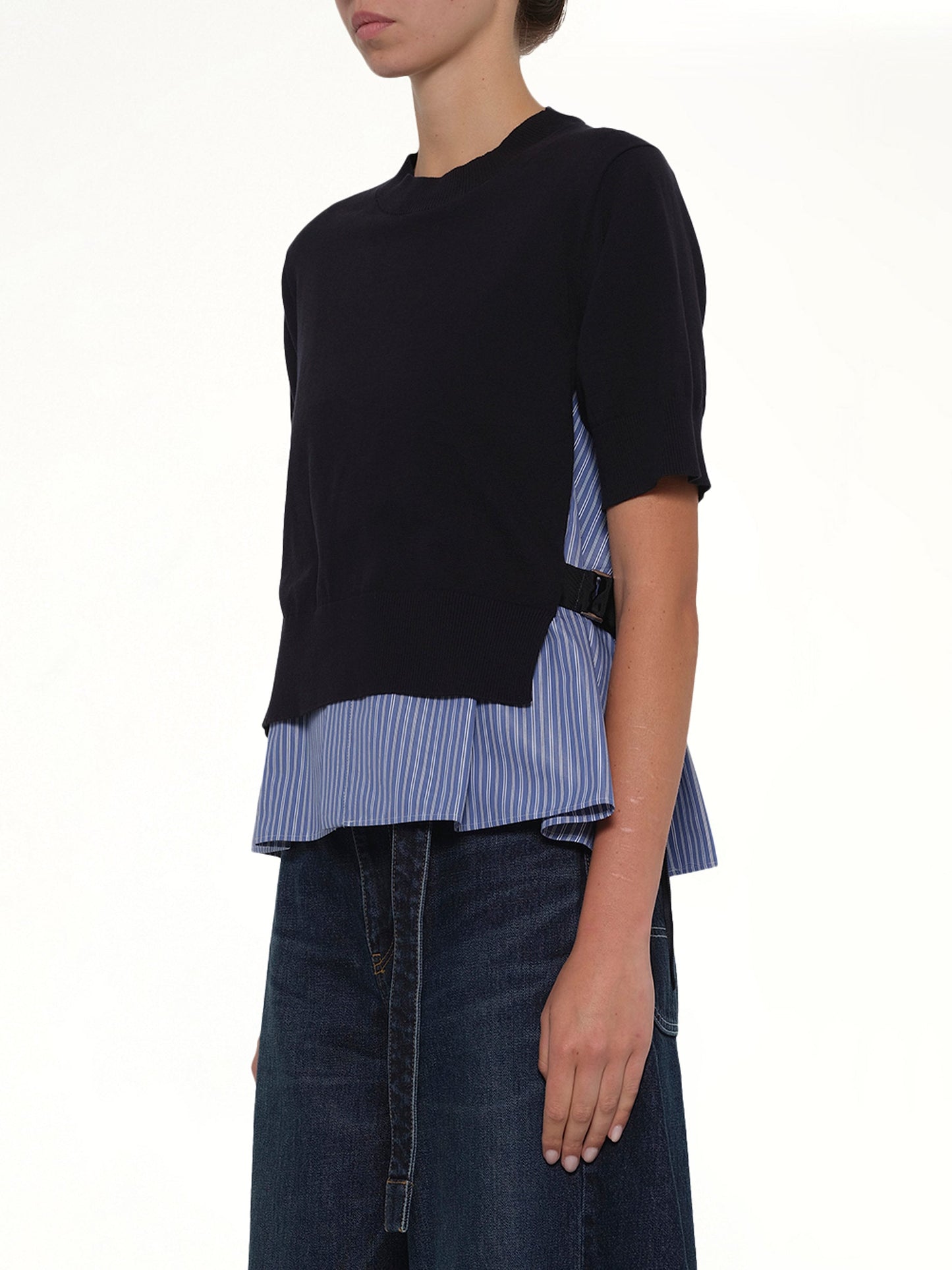 SACAI Poplin x Cotton Knit Pullover (Navy)