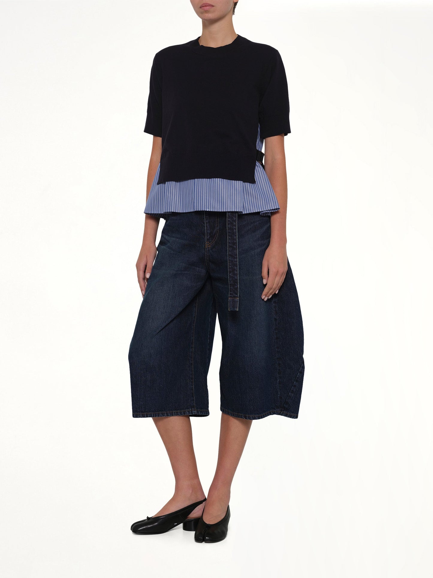 SACAI Poplin x Cotton Knit Pullover (Navy)