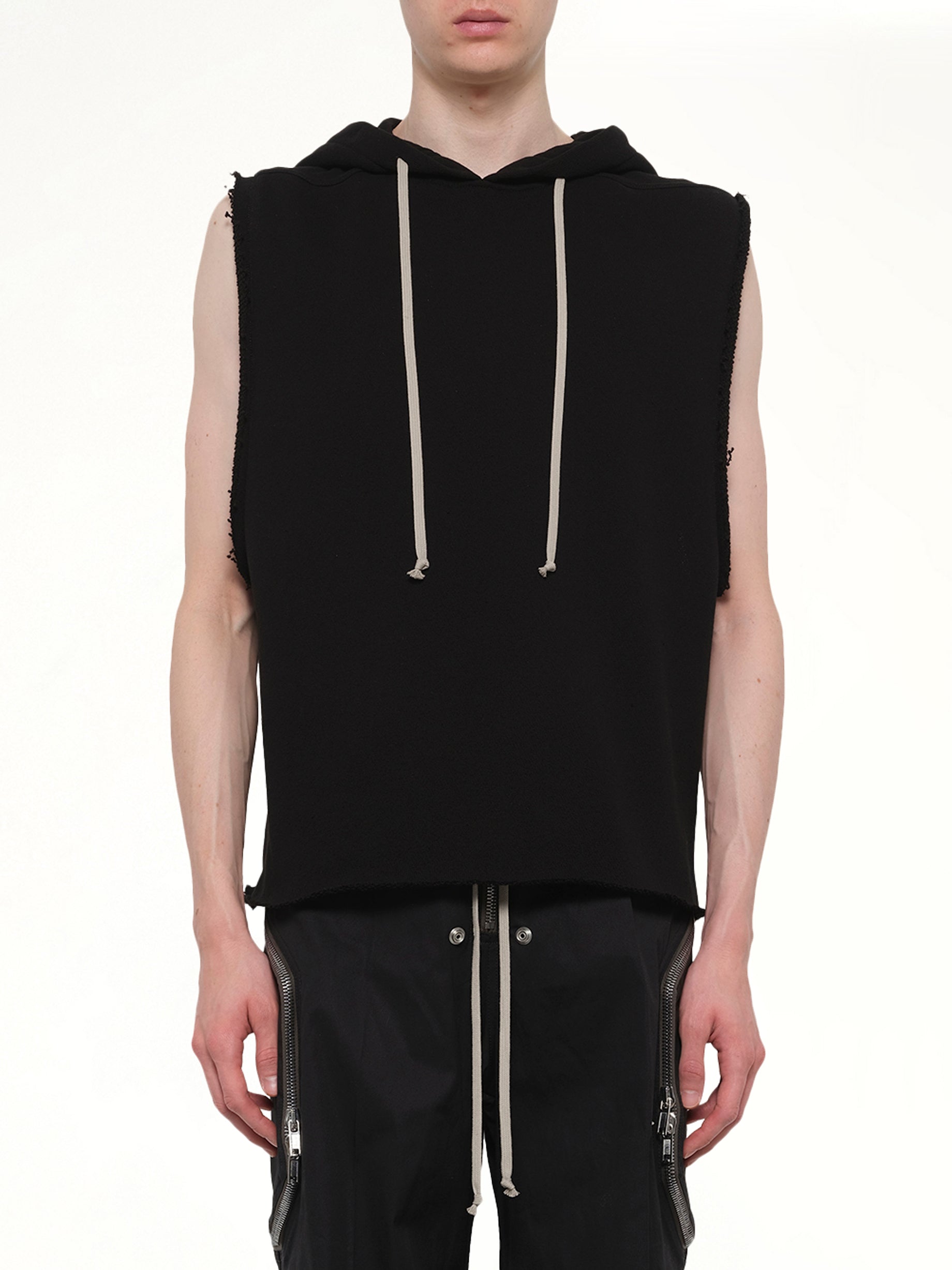 Image of a model wearing Outerwear. Product name - SL Hoodie in Black colour by brand - RICK OWENS