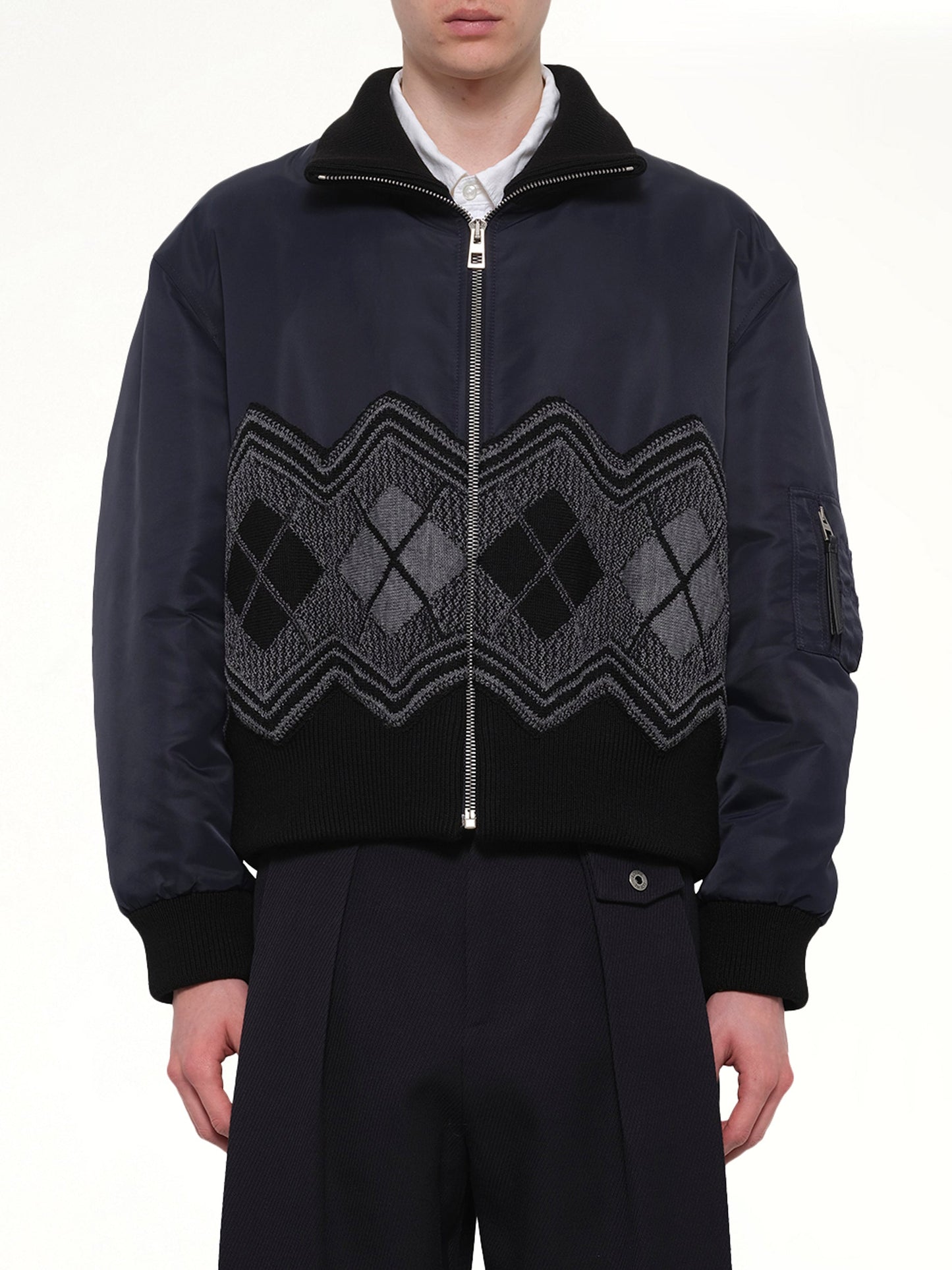 Image of Coats & Jackets. Product name - Argyle Bomber Jacket in Navy colour by brand - LOEWE
