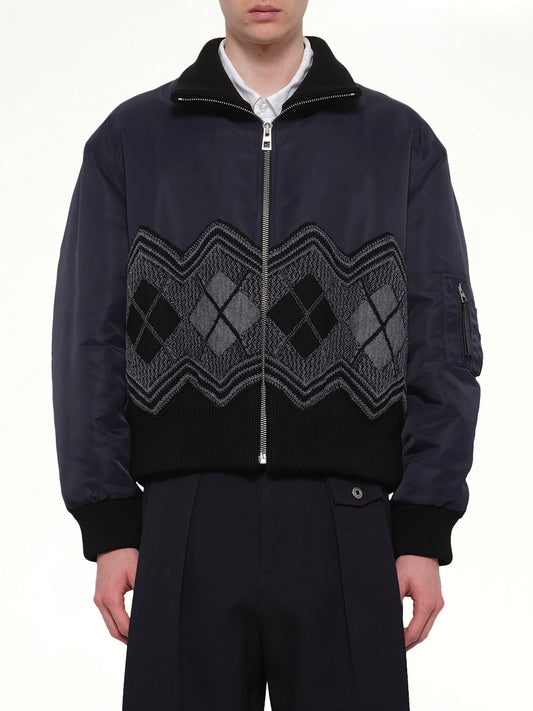 Image of Coats & Jackets. Product name - Argyle Bomber Jacket in Navy colour by brand - LOEWE