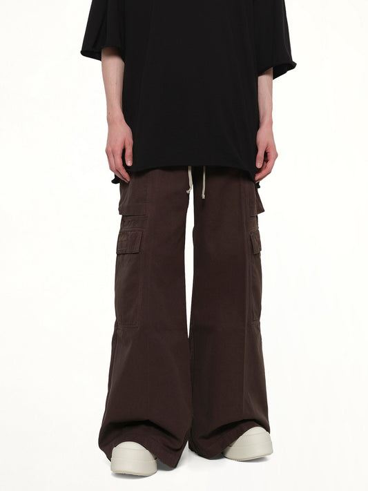 Image of a model wearing Pants. Product name - Double Cargo Jumbo Bela in Brown colour by brand - RICK OWENS DRKSHDW
