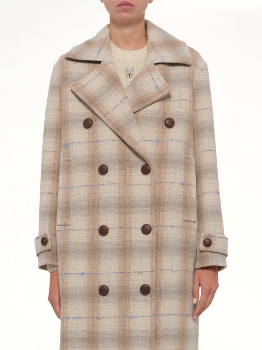 Image of a model wearing Outerwear. Product name - Wool Check Coat in Beige colour by brand - LOEWE