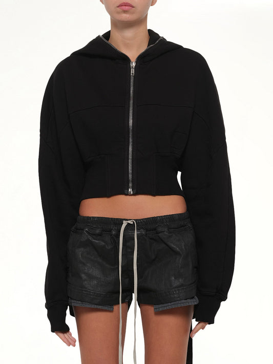Image of a model wearing Outerwear. Product name - Collage Gimp Hoodie in Black colour by brand - RICK OWENS DRKSHDW