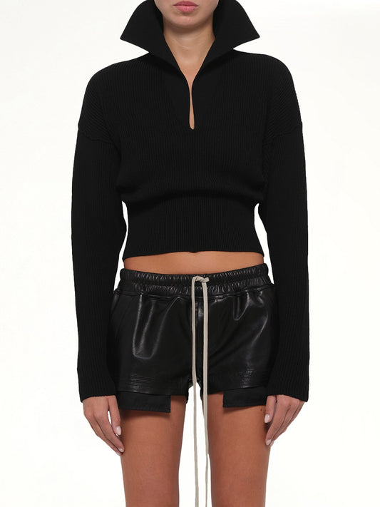 Image of a model wearing Outerwear. Product name - Dracu Cropped V in Black colour by brand - RICK OWENS