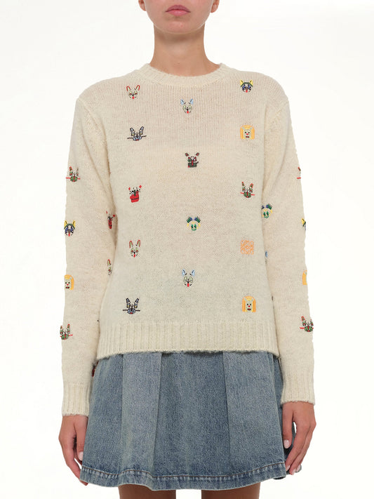 Image of a model wearing Outerwear. Product name - Louis Wain Sweater in White colour by brand - LOEWE