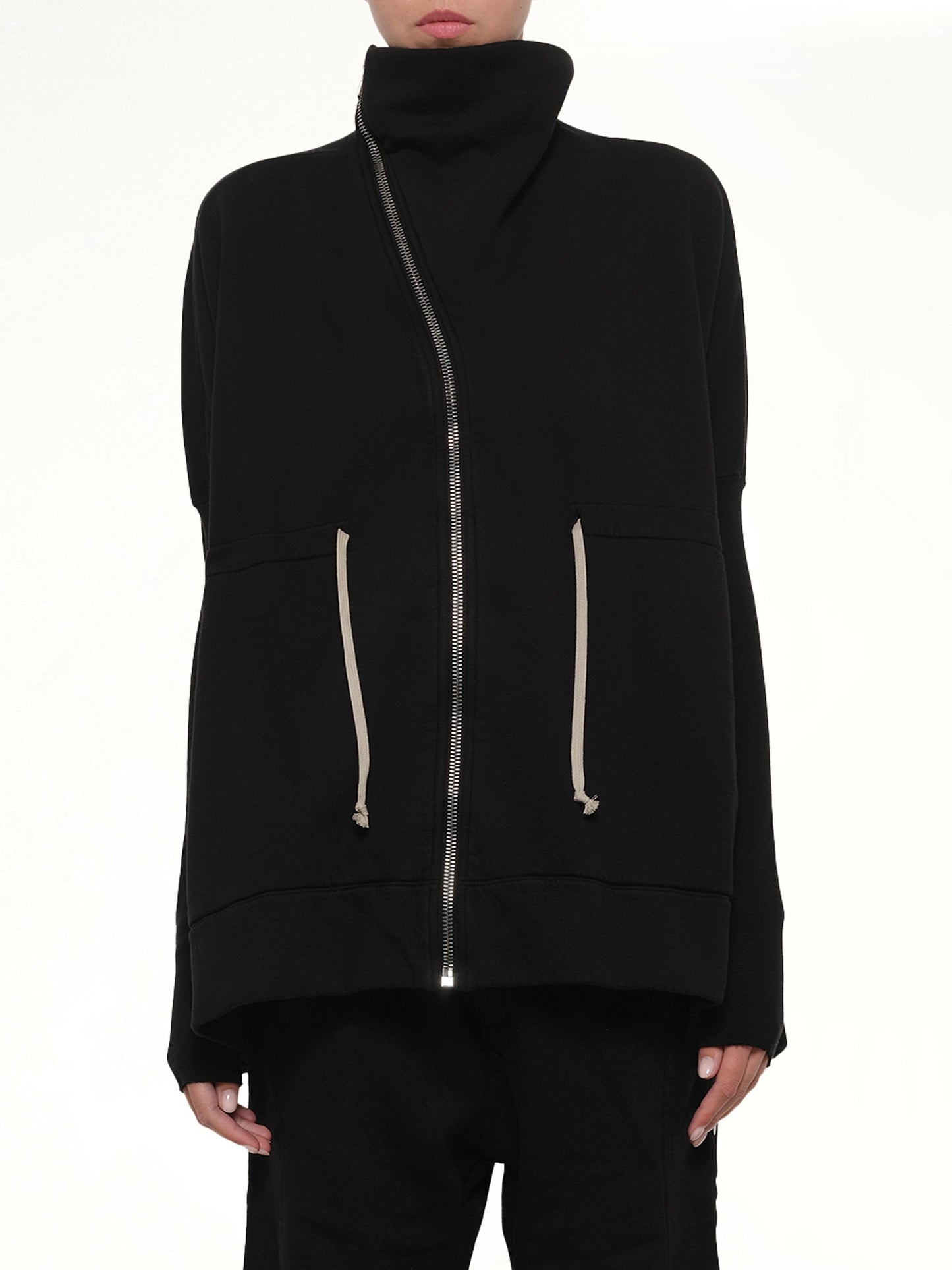Image of a model wearing Outerwear. Product name - Mountain Sail Sweatshirt in Black colour by brand - RICK OWENS DRKSHDW