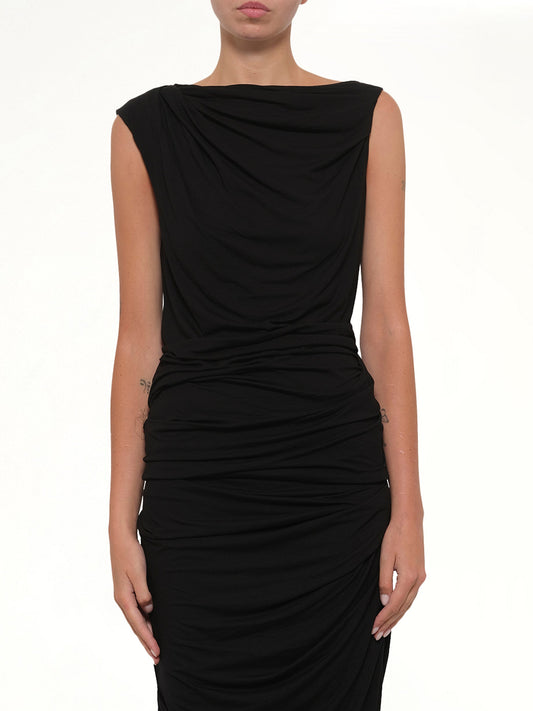 Image of a model wearing Tops. Product name - Drape Tank in Black colour by brand - ENTIRE STUDIOS