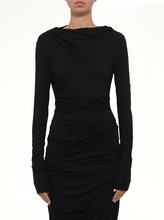 Image of a model wearing Tops. Product name - Drape Top in Black colour by brand - ENTIRE STUDIOS