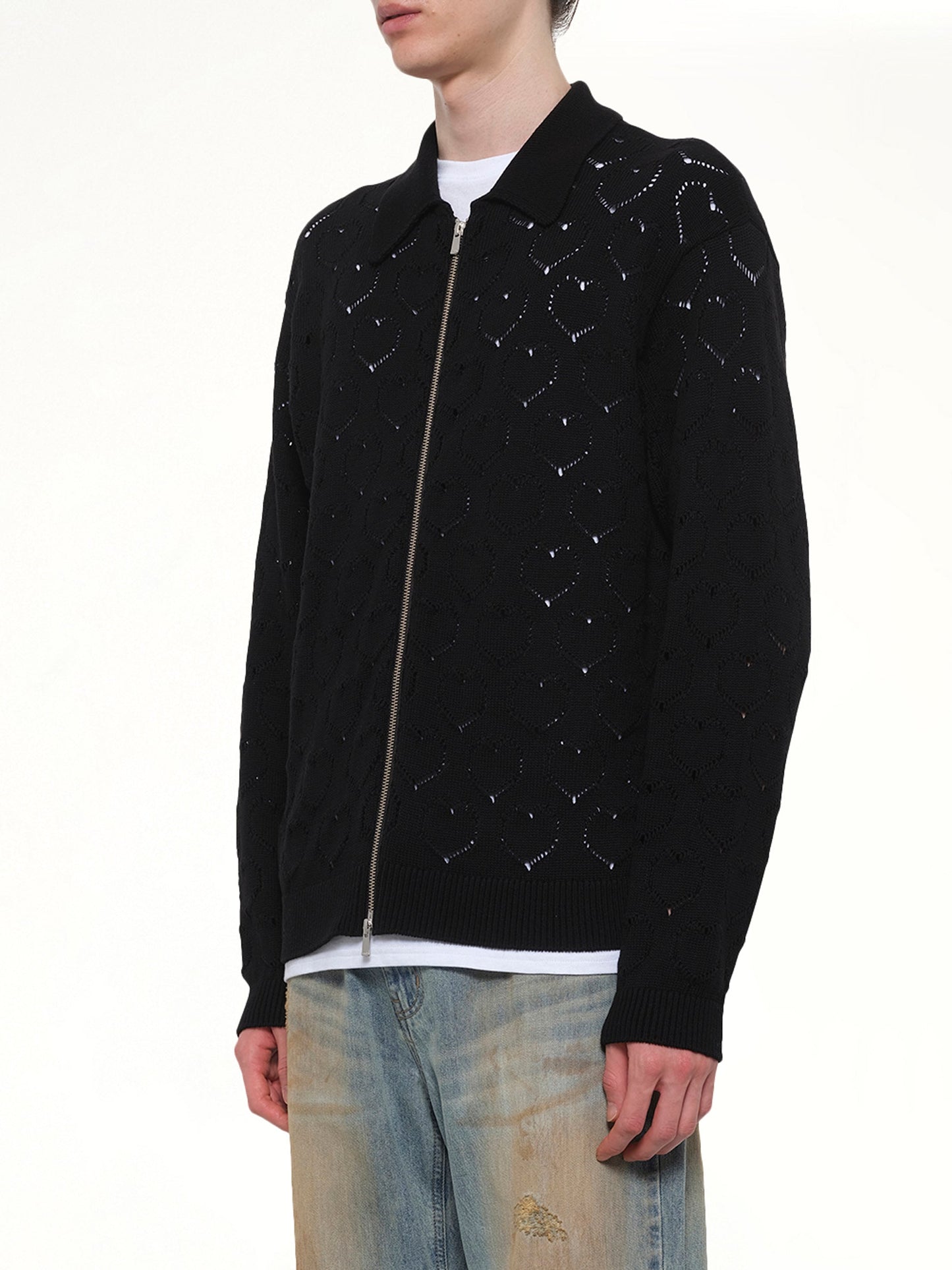 VOWELS Eyelet Knitted Zip Up (Black)