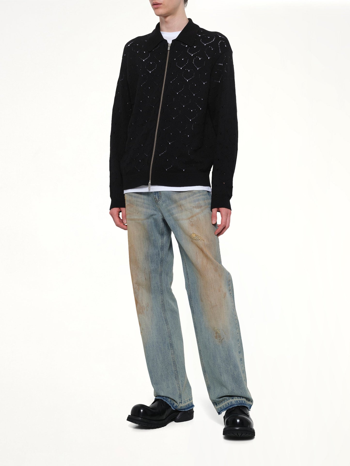 VOWELS Eyelet Knitted Zip Up (Black)