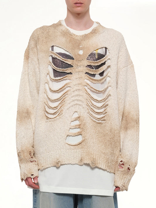 Image of a model wearing Outerwear. Product name - Rib & Spine Knit Pullover in White colour by brand - DOUBLET