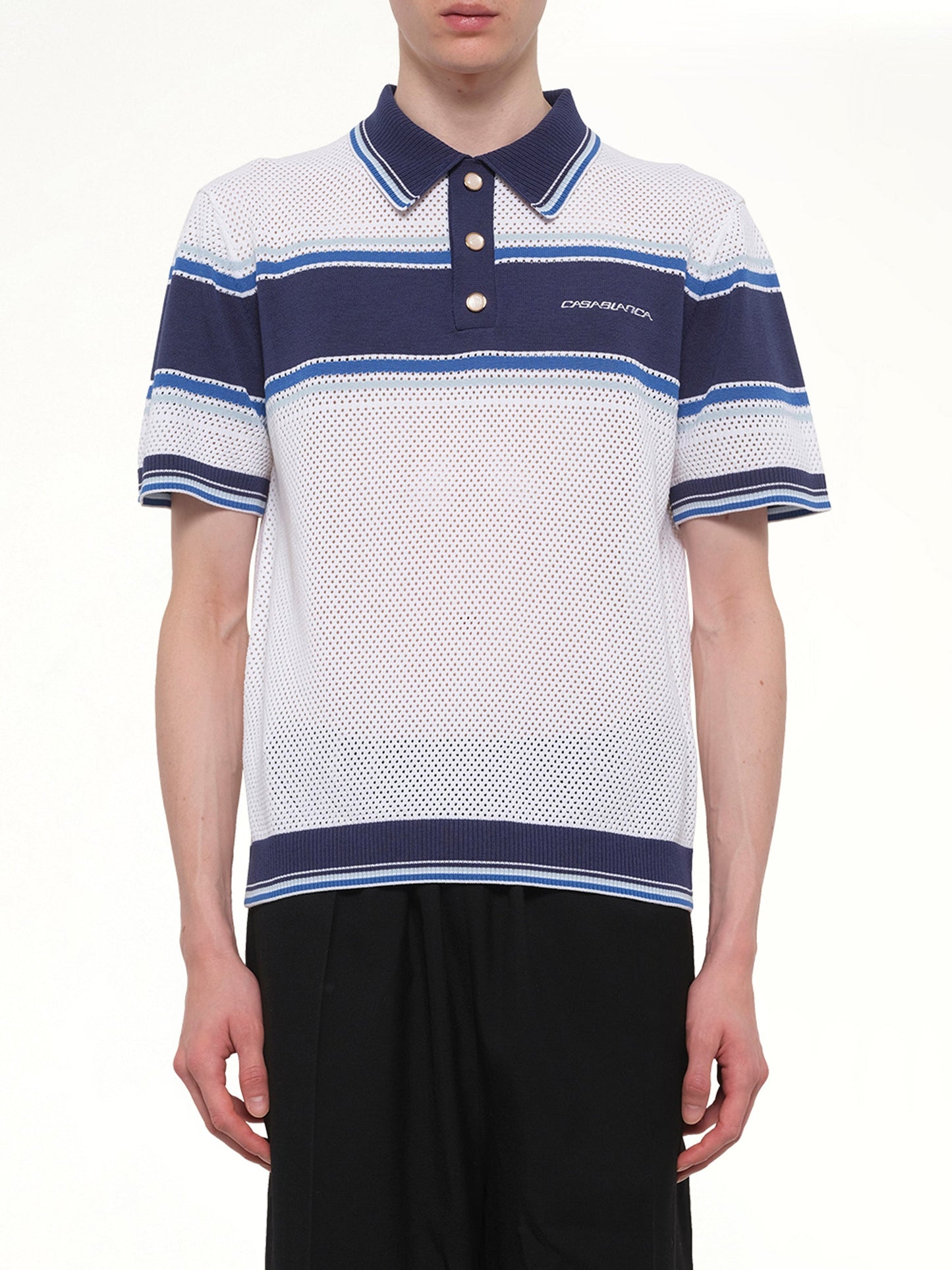 Image of a model wearing Tops. Product name - Mesh Stripe Polo in White colour by brand - CASABLANCA