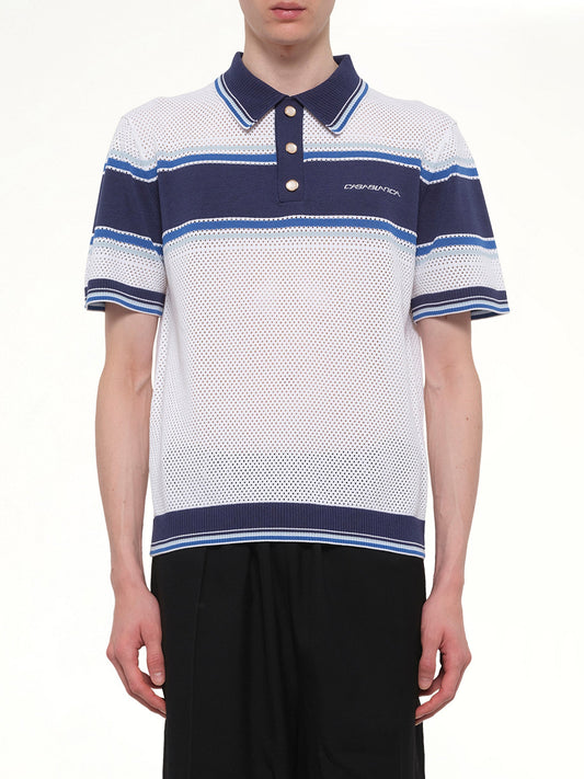 Image of a model wearing Tops. Product name - Mesh Stripe Polo in White colour by brand - CASABLANCA