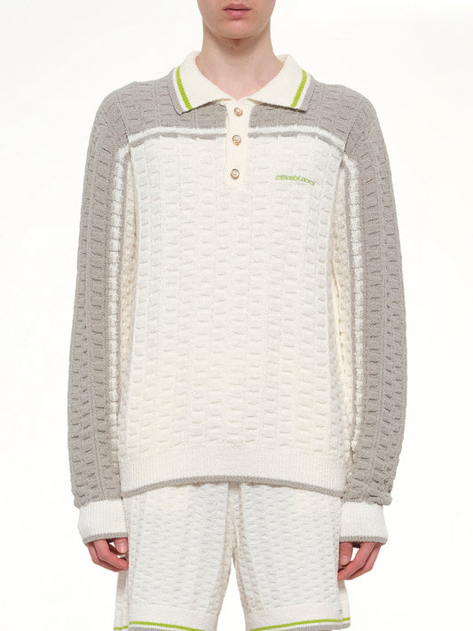 Image of a model wearing Tops. Product name - Tennis Boucle Long Sleeve Polo Shirt in White colour by brand - CASABLANCA