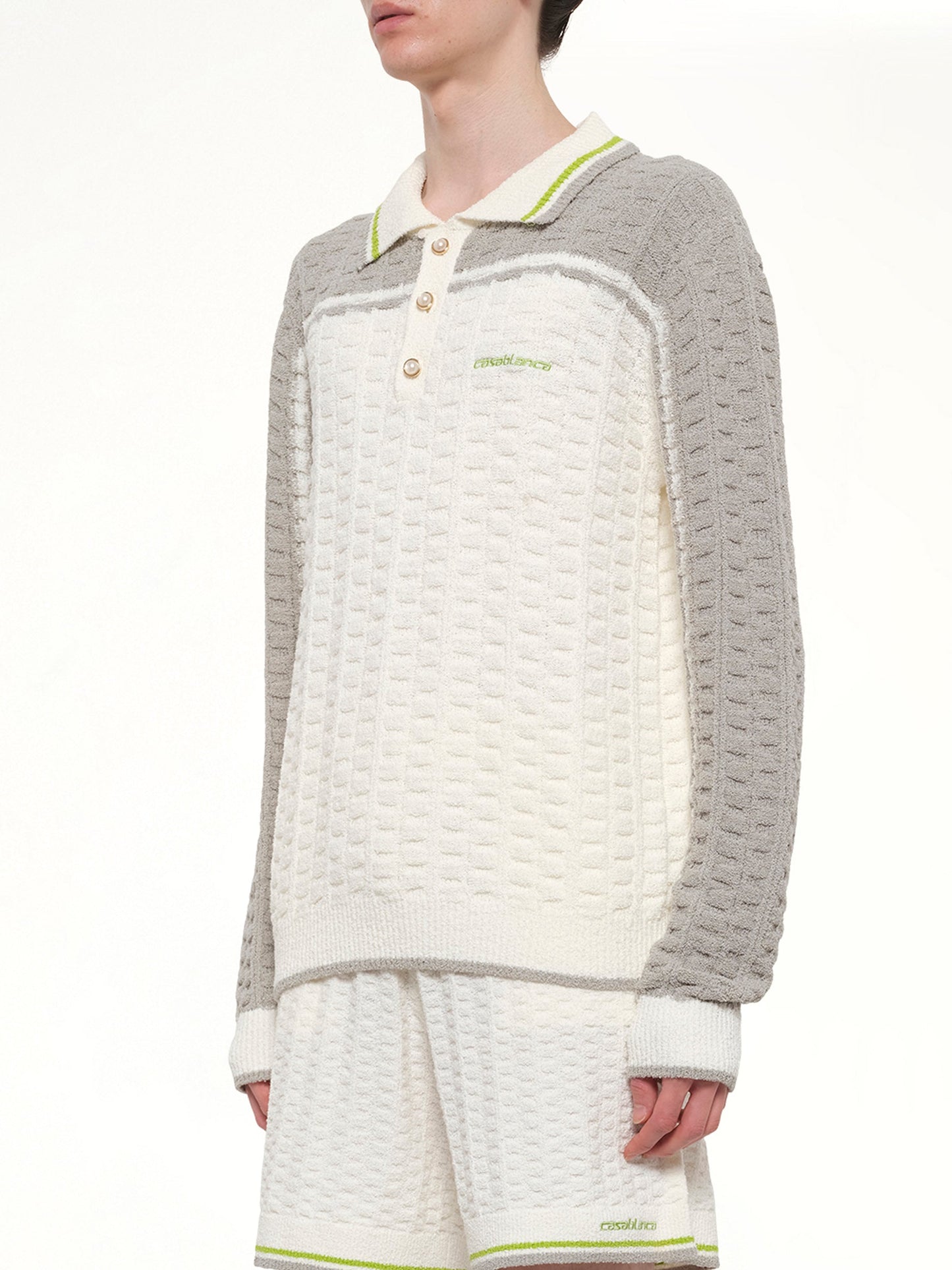 CASABLANCA Tennis Boucle Long Sleeve Polo Shirt (White)