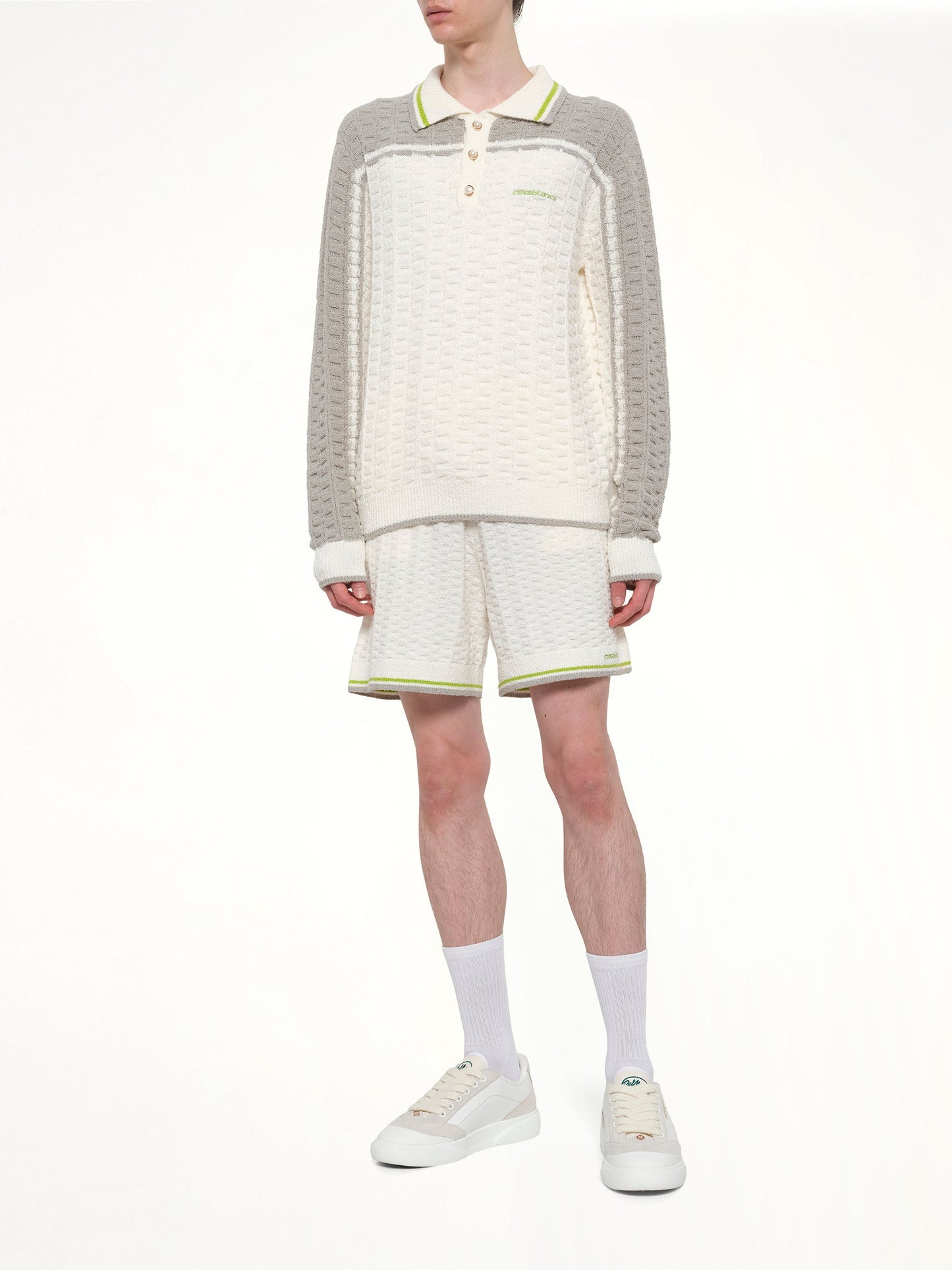 CASABLANCA Tennis Boucle Long Sleeve Polo Shirt (White)