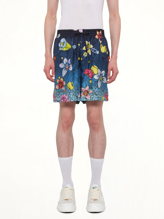 Image of a model wearing Shorts. Product name - Collage D’Icones Silk Shorts in Blue colour by brand - CASABLANCA
