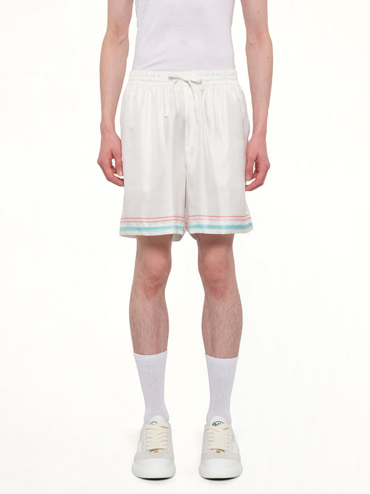 Image of a model wearing Shorts. Product name - Dance Joy Silk Shorts in White colour by brand - CASABLANCA
