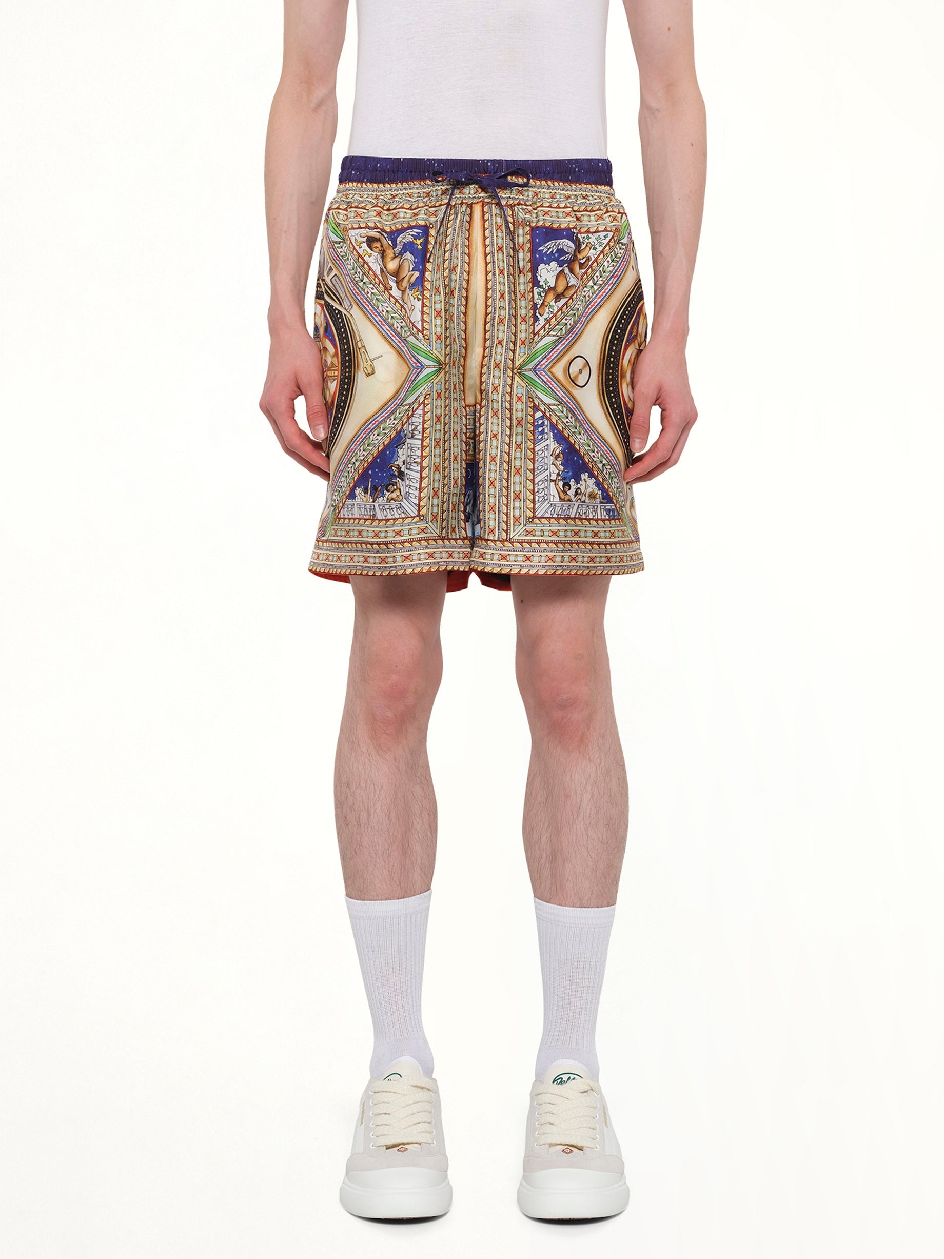 Image of a model wearing Shorts. Product name - Plafond Orne De Musique Silk Shorts in Brown colour by brand - CASABLANCA