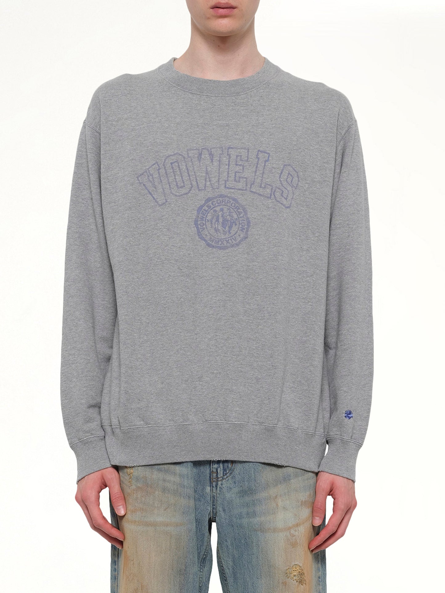 Image of a model wearing Outerwear. Product name - Faded Collegiate Sweatshirt in Grey colour by brand - VOWELS