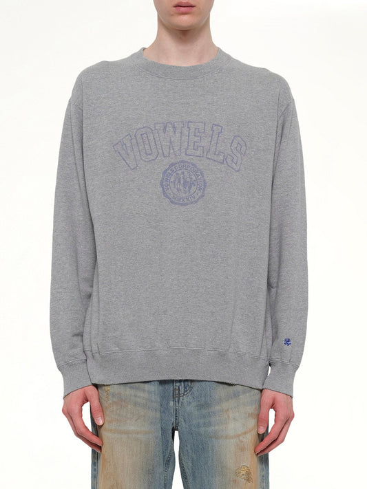 Image of a model wearing Outerwear. Product name - Faded Collegiate Sweatshirt in Grey colour by brand - VOWELS