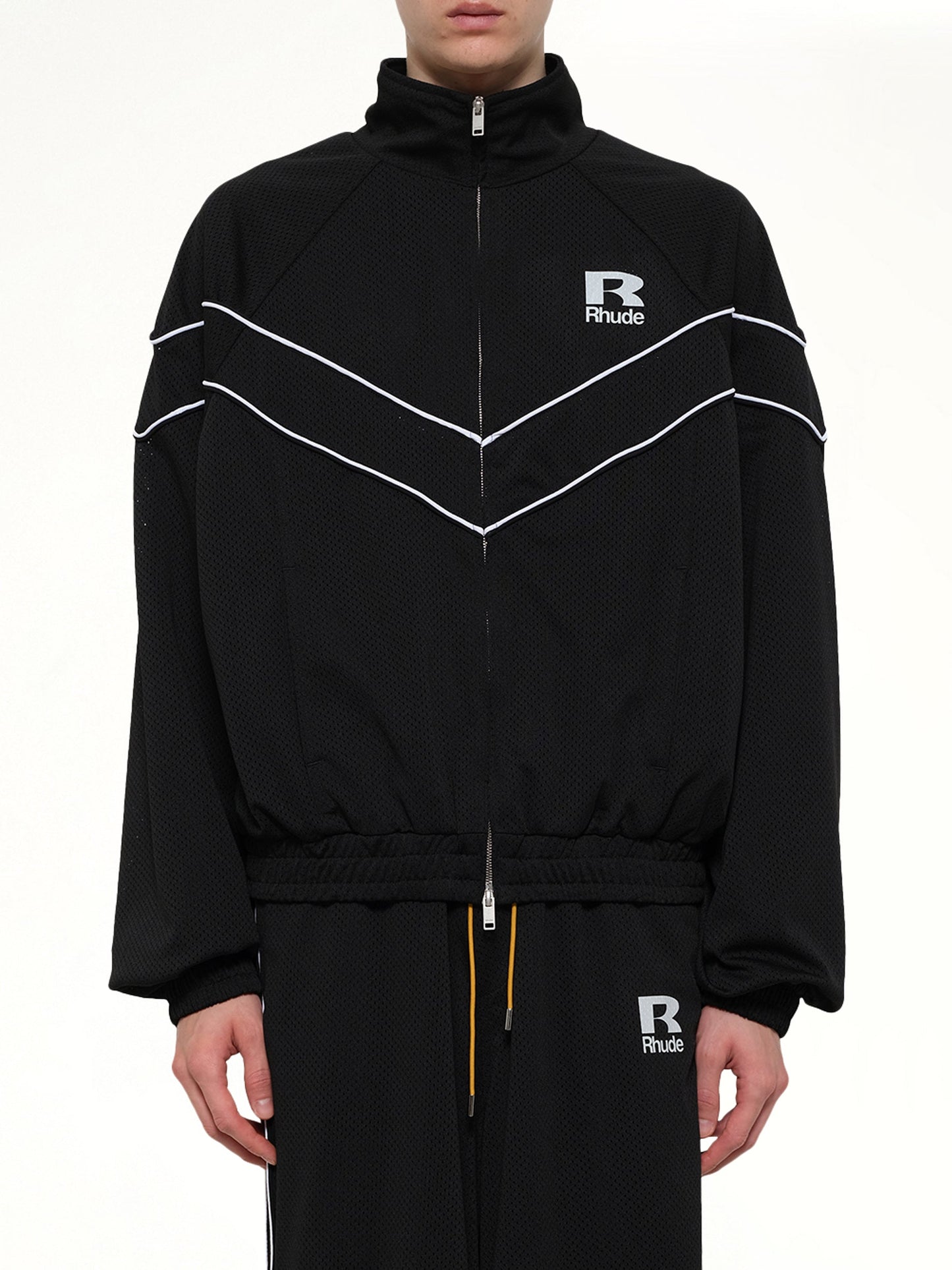 Image of Coats & Jackets. Product name - Rhude Mesh Piping Raglan Track Jacket in Black colour by brand - RHUDE