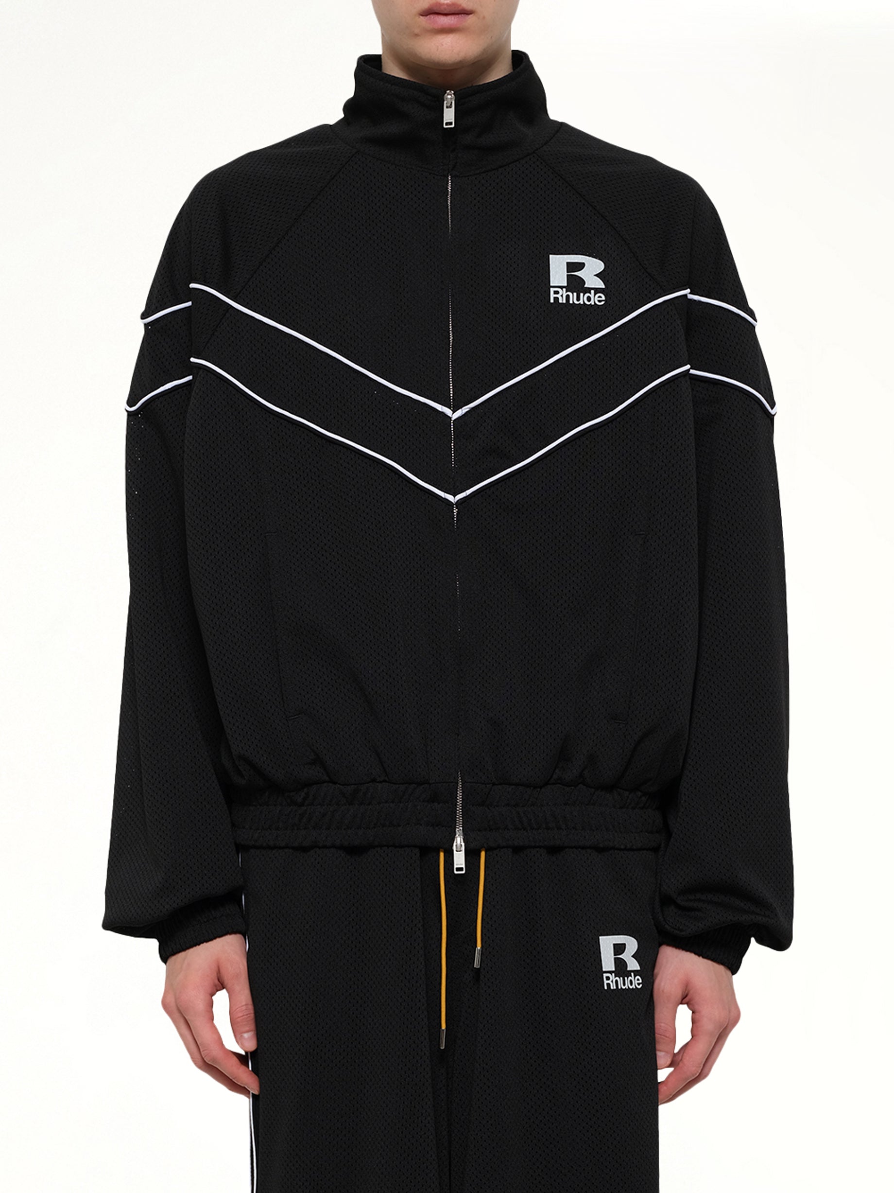 Image of Coats & Jackets. Product name - Rhude Mesh Piping Raglan Track Jacket in Black colour by brand - RHUDE
