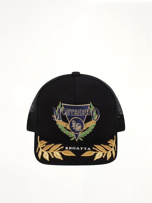 Image of Hats. Product name - Montenegro Regatta Trucker Hat in Black colour by brand - RHUDE