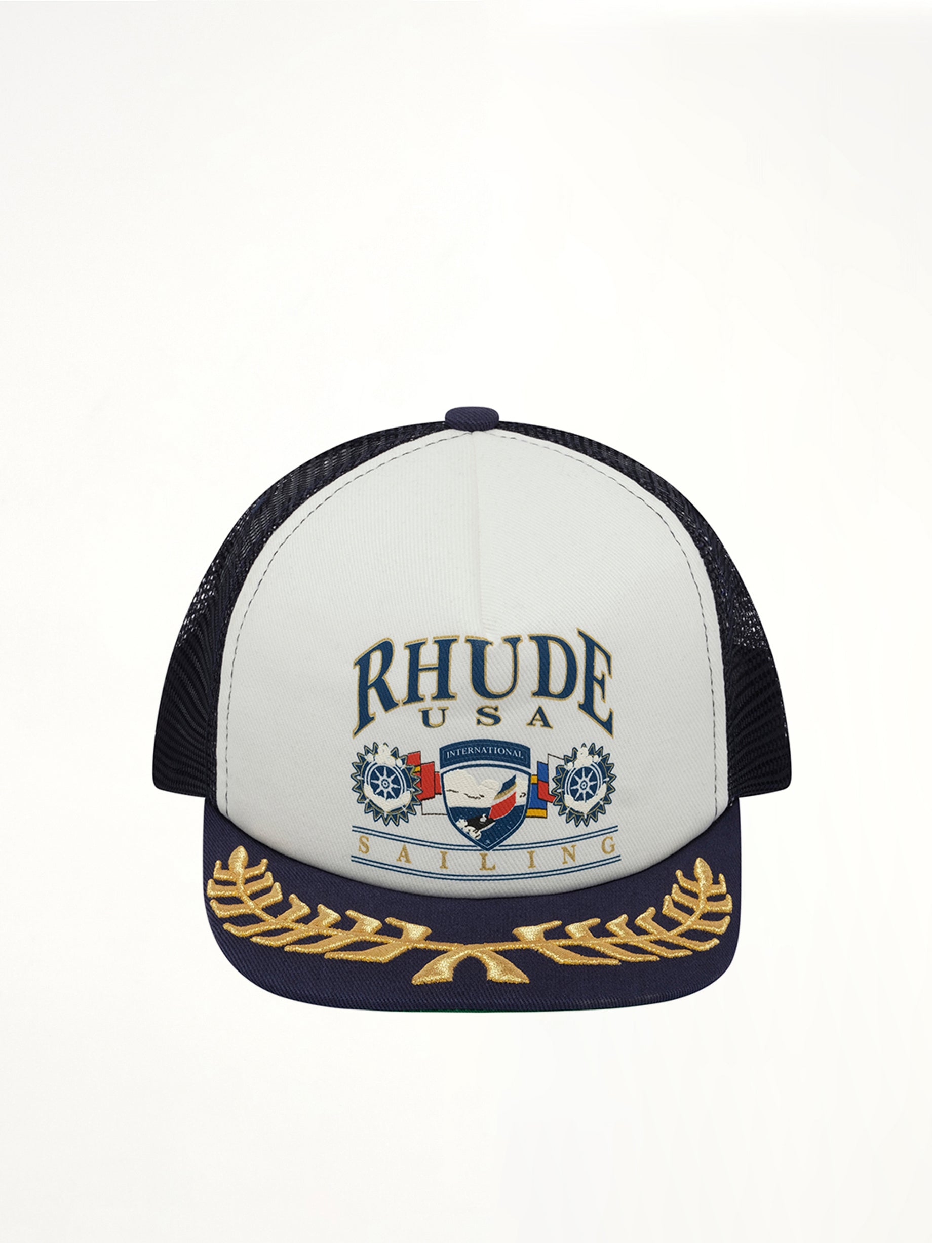 Image of Hats. Product name - USA Sailing Icon Trucker Hat in Navy colour by brand - RHUDE