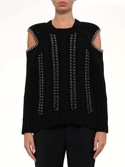 Image of a model wearing Outerwear. Productname: Crew Neck O/S Knitwear in Black colour by brand - ALEXANDER MCQUEEN