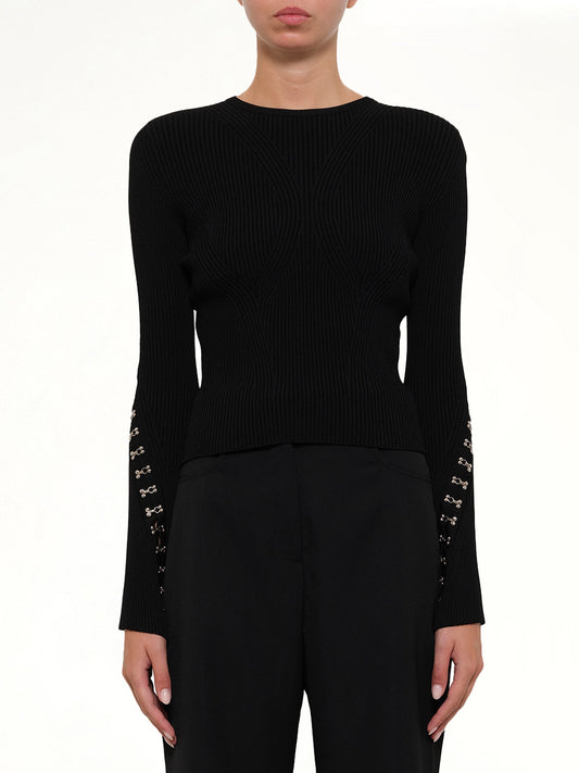 Image of a model wearing Outerwear. Productname: Slash Crew Neck Knitwear in Black colour by brand - ALEXANDER MCQUEEN
