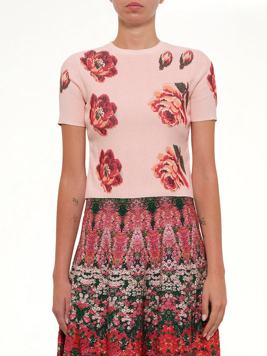 Image of a model wearing Tops. Productname: Amq Tapesty Rose Jacq Top in Multicolour colour by brand - ALEXANDER MCQUEEN