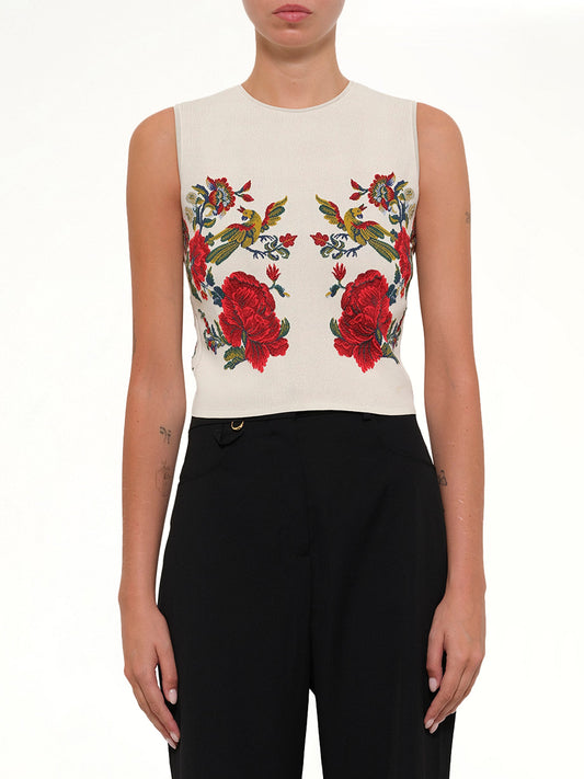 Image of a model wearing Tops. Productname: Engin Sleeveless Top in White colour by brand - ALEXANDER MCQUEEN