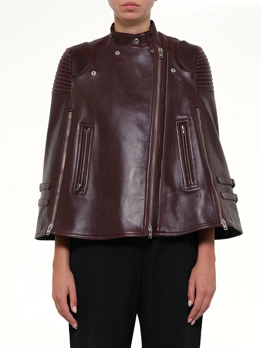 Image of a model wearing Outerwear. Productname: Cape Biker in Burgundy colour by brand - GIVENCHY