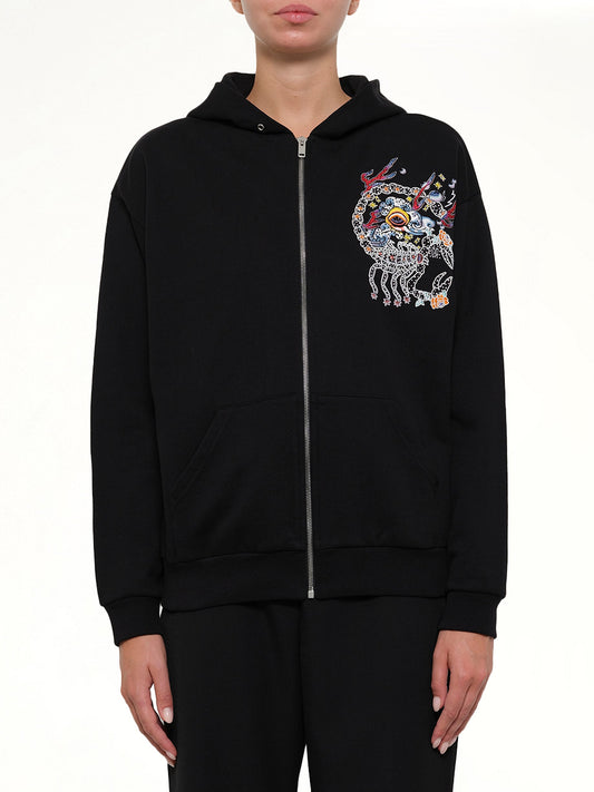 Image of a model wearing Outerwear. Productname: Embroidered Zip Hoodie in Black colour by brand - GIVENCHY