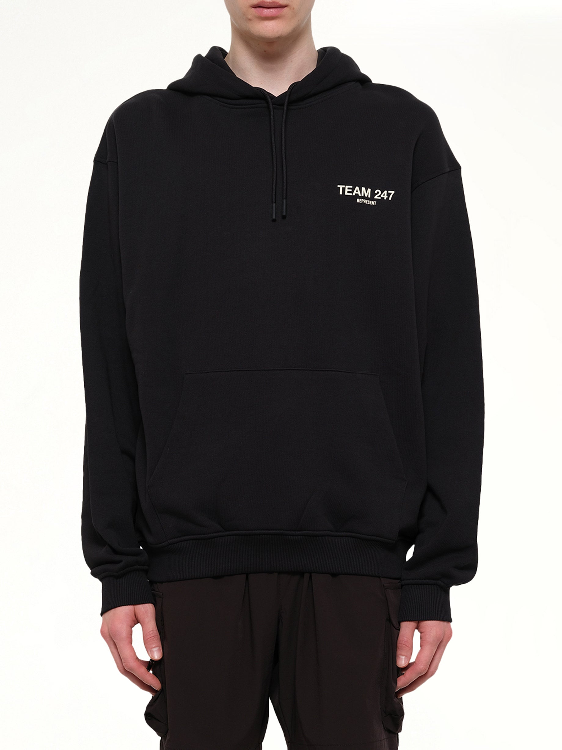 Image of a model wearing Outerwear. Product name - Team 247 Oversized Hoodie in Black colour by brand - REPRESENT