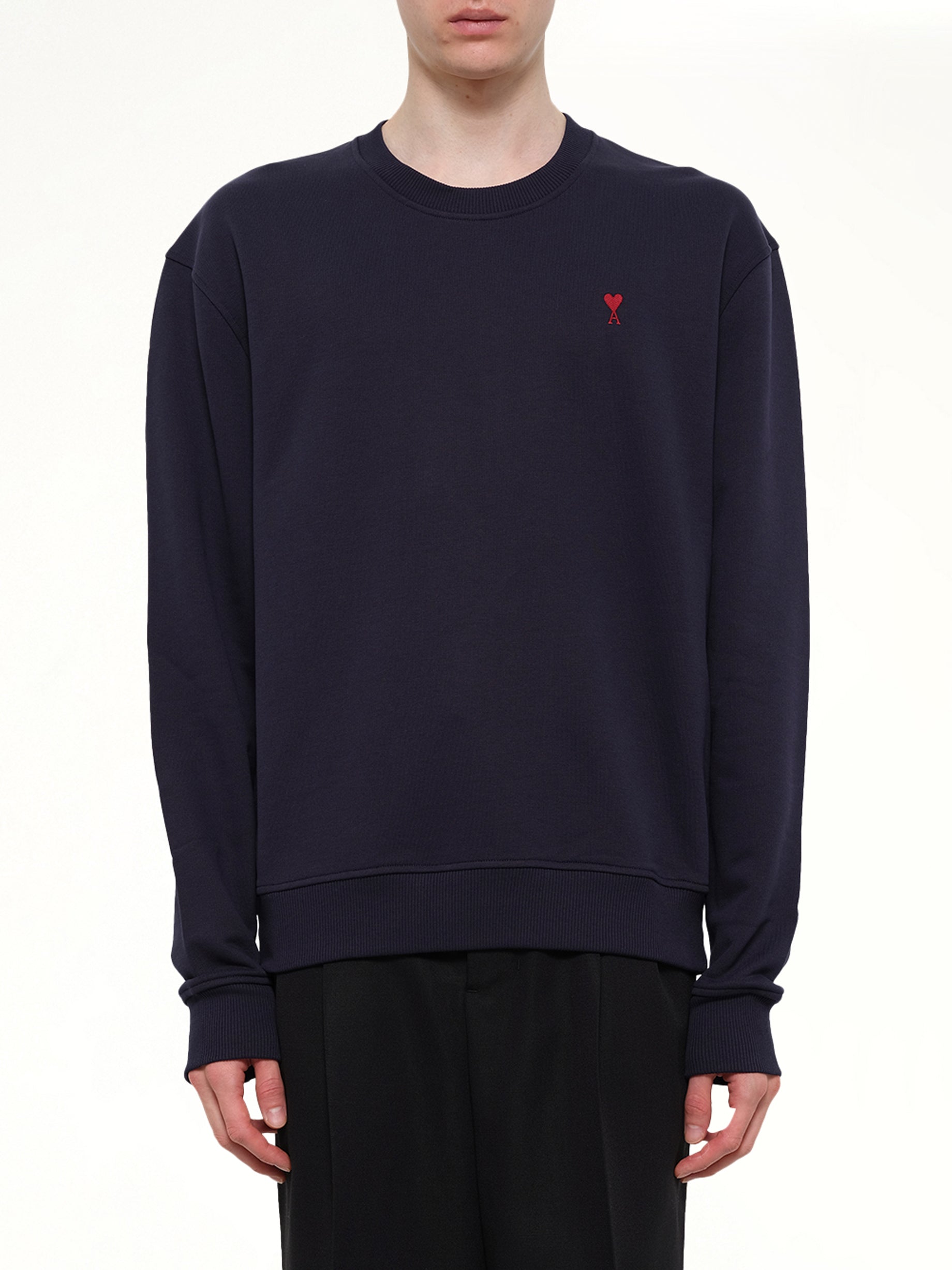 Image of a model wearing Outerwear. Product name - Red Ami De Coeur Sweatshirt in Navy colour by brand - AMI PARIS