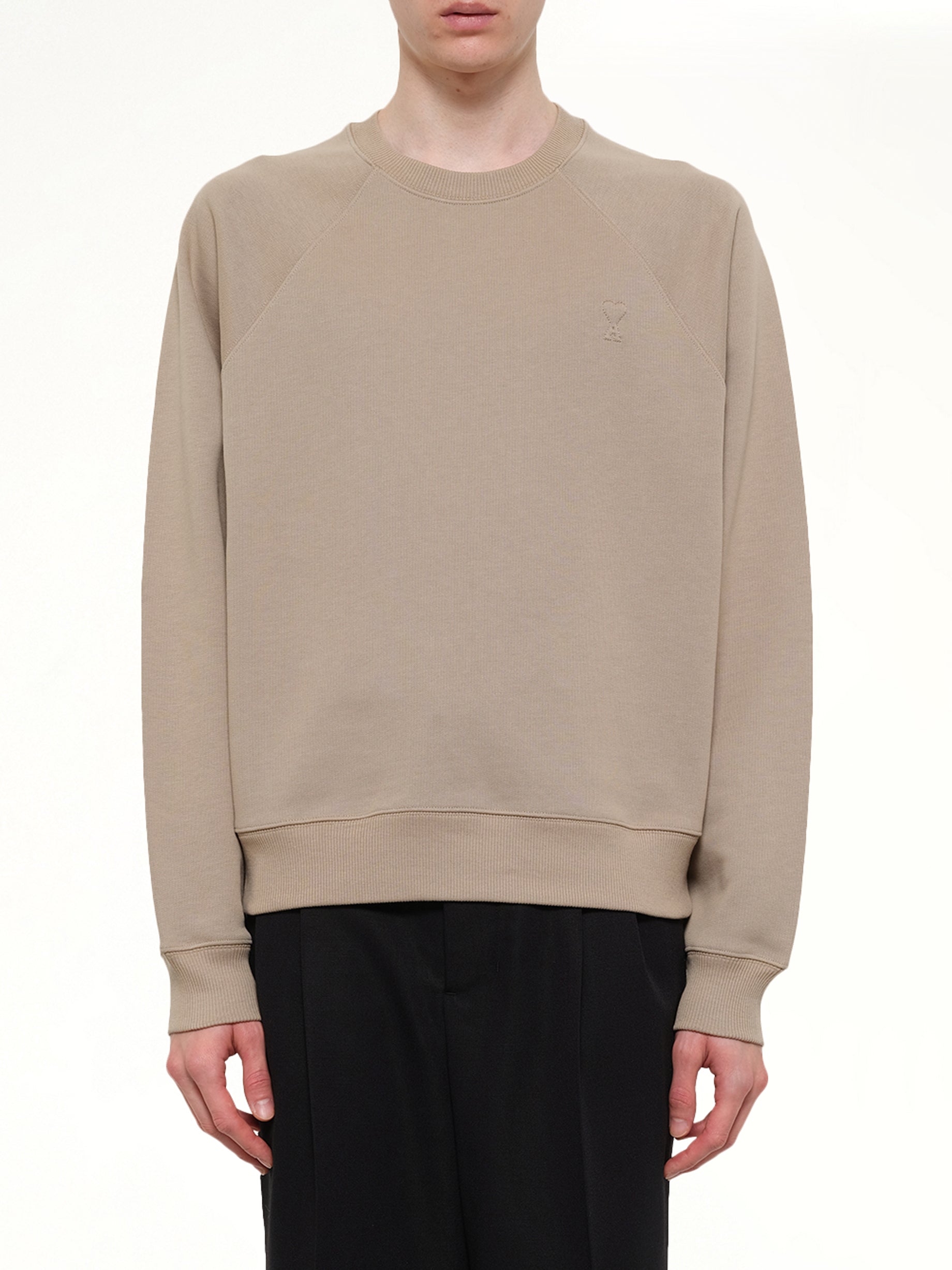 Image of a model wearing Outerwear. Product name - Small Embossed ADC Sweatshirt in Beige colour by brand - AMI PARIS