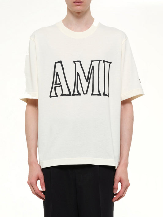 Image of T-Shirts. Product name - Ami Paris Boxy Fit T-Shirt in White colour by brand - AMI PARIS