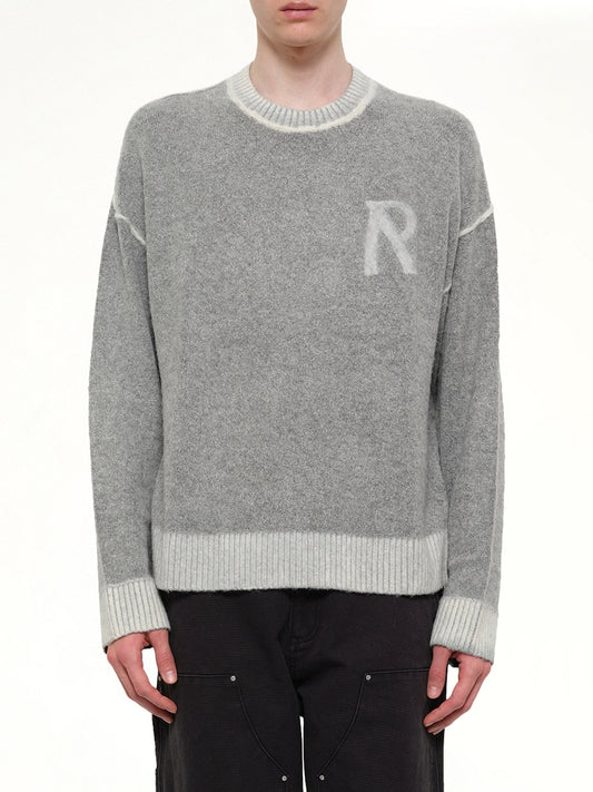 Image of a model wearing Tops. Product name - Laurel Knit Sweatshirt in Grey colour by brand - REPRESENT