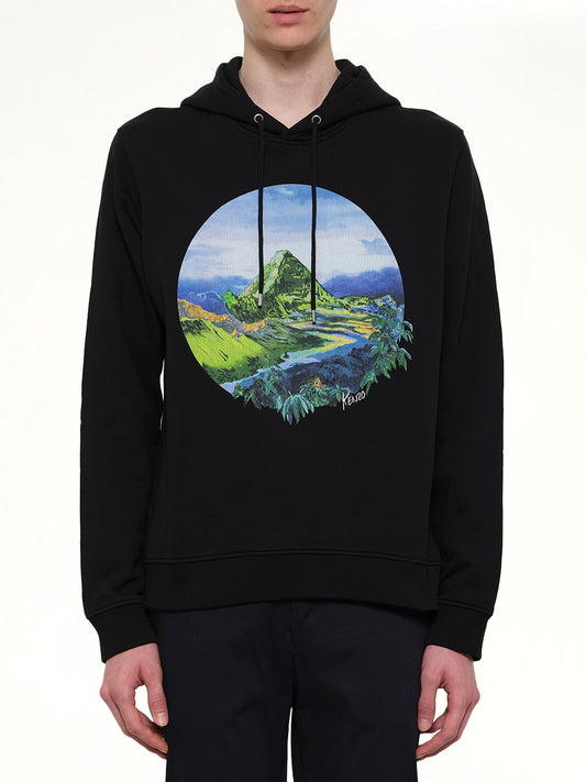 Image of a model wearing Outerwear. Product name - Landscape Hoodie in Black colour by brand - KENZO