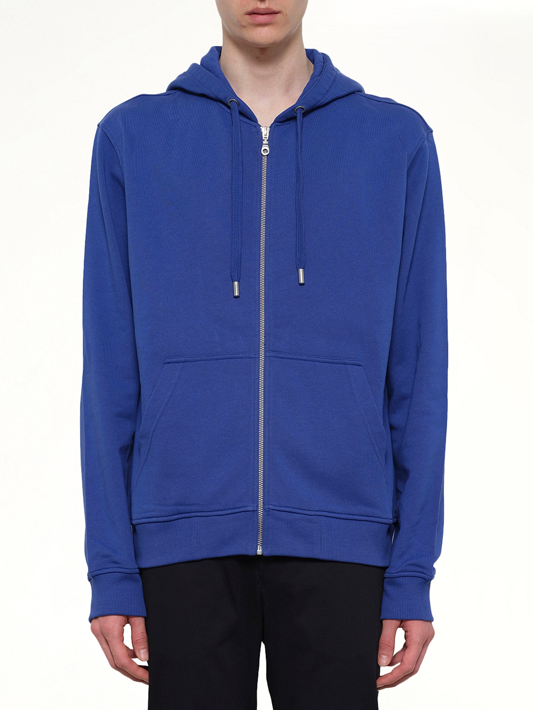 Image of a model wearing Outerwear. Product name - Logo Zip Hoodie in Blue colour by brand - KENZO