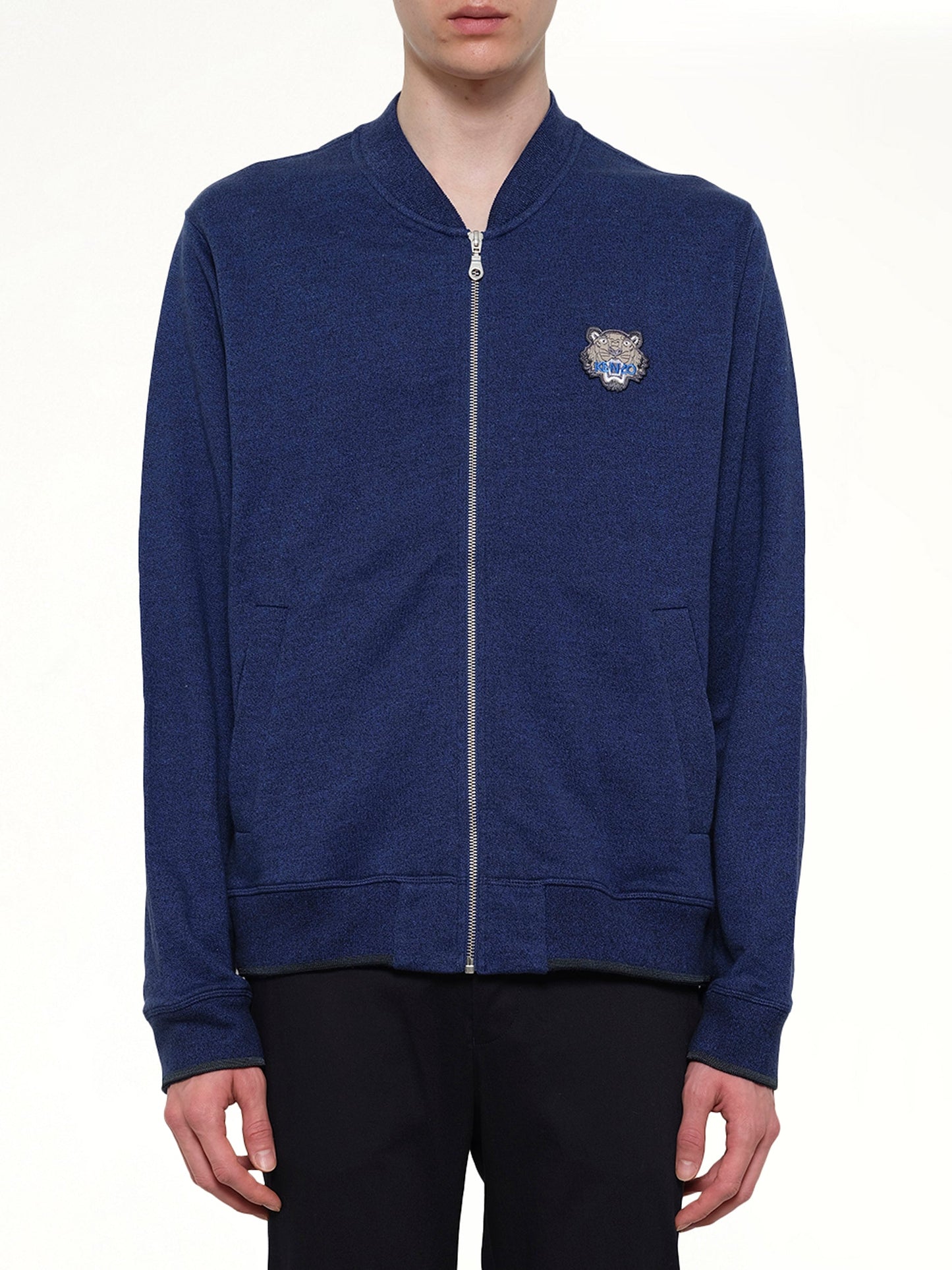 Image of a model wearing Outerwear. Product name - Tiger Zip Cardigan in Navy colour by brand - KENZO