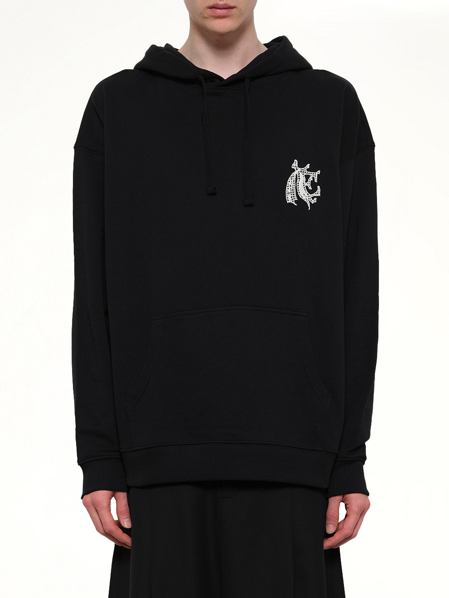 Image of a model wearing Outerwear. Product name - Hermine Print Cotton Hoodie in Black colour by brand - EGONLAB