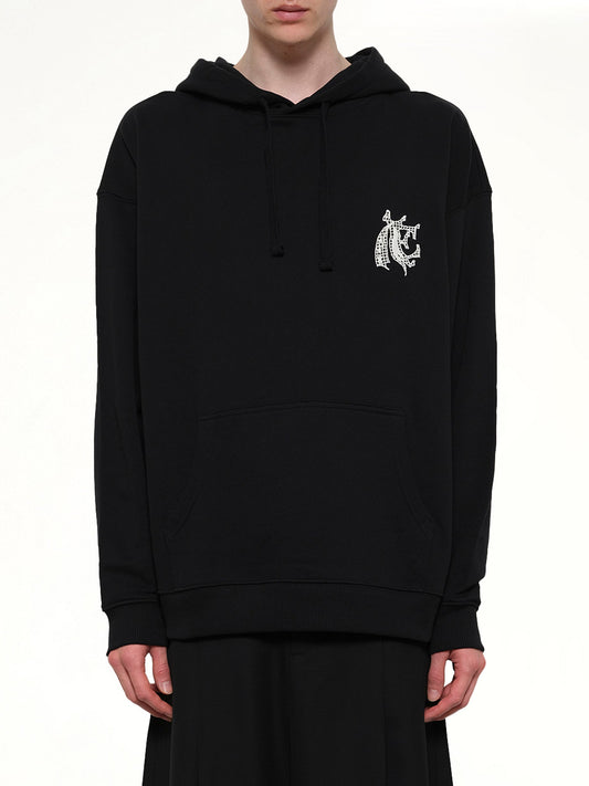 Image of a model wearing Outerwear. Product name - Hermine Print Cotton Hoodie in Black colour by brand - EGONLAB